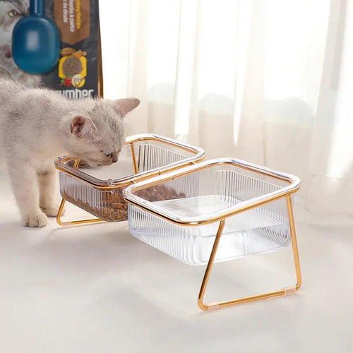 Double Bol Transparent avec Support en Métal pour Chat